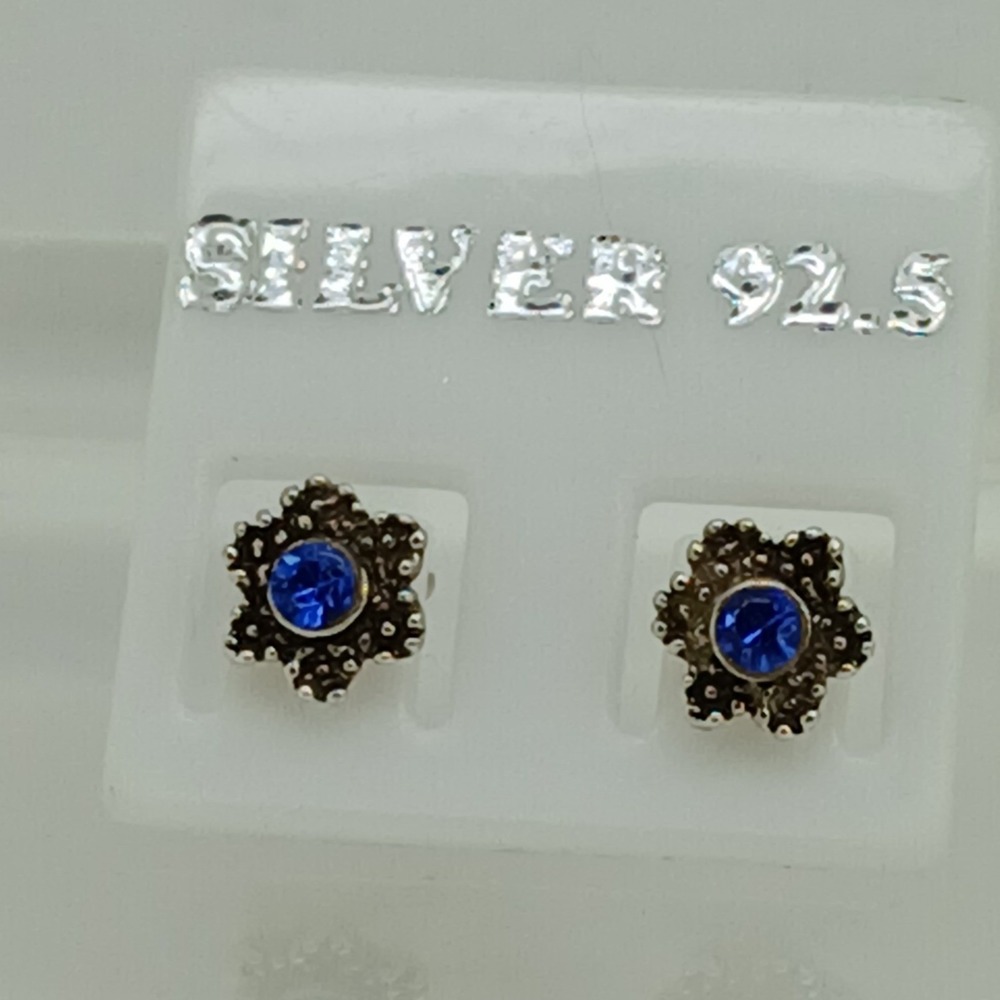 Vintage 925 Sterling Silver Blue Crystal Flower Stud Earrings Floral Jewelry - Picture 12 of 16
